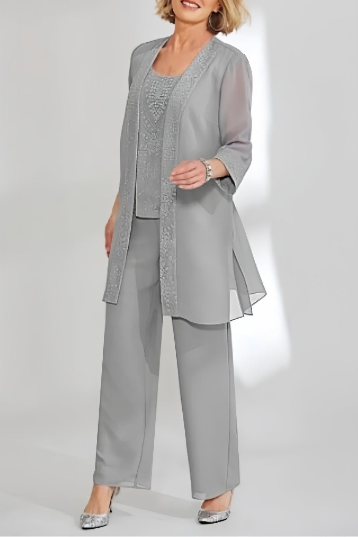 Ankle Length Chiffon Mother of the Bride Pantsuit with Jacket in Scoop Style