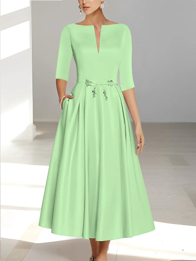 Ankle Length Mother of the Bride A Line Dress with Half Sleeves and Pockets