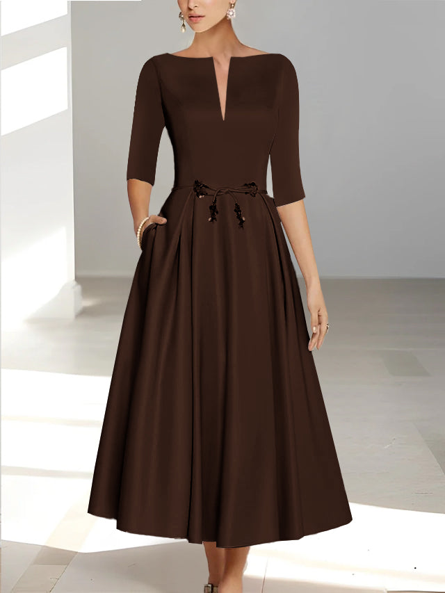 Ankle Length Mother of the Bride A Line Dress with Half Sleeves and Pockets