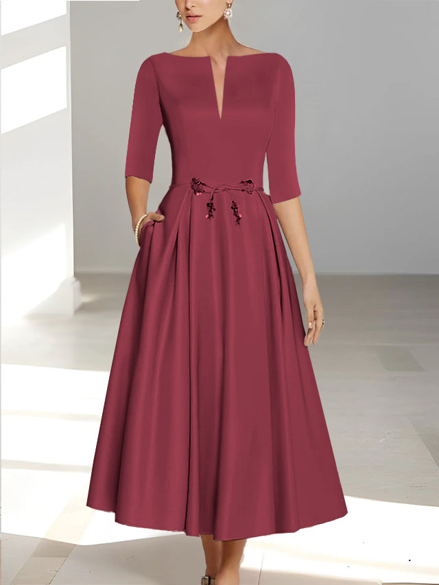 Ankle Length Mother of the Bride A Line Dress with Half Sleeves and Pockets