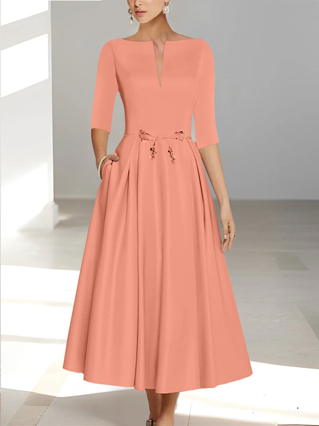 Ankle Length Mother of the Bride A Line Dress with Half Sleeves and Pockets