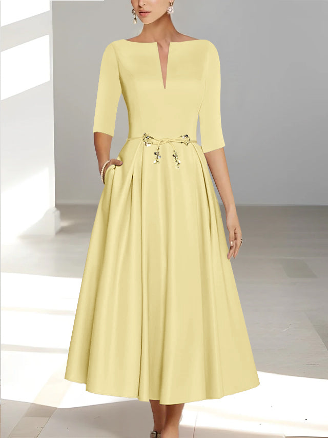Ankle Length Mother of the Bride A Line Dress with Half Sleeves and Pockets