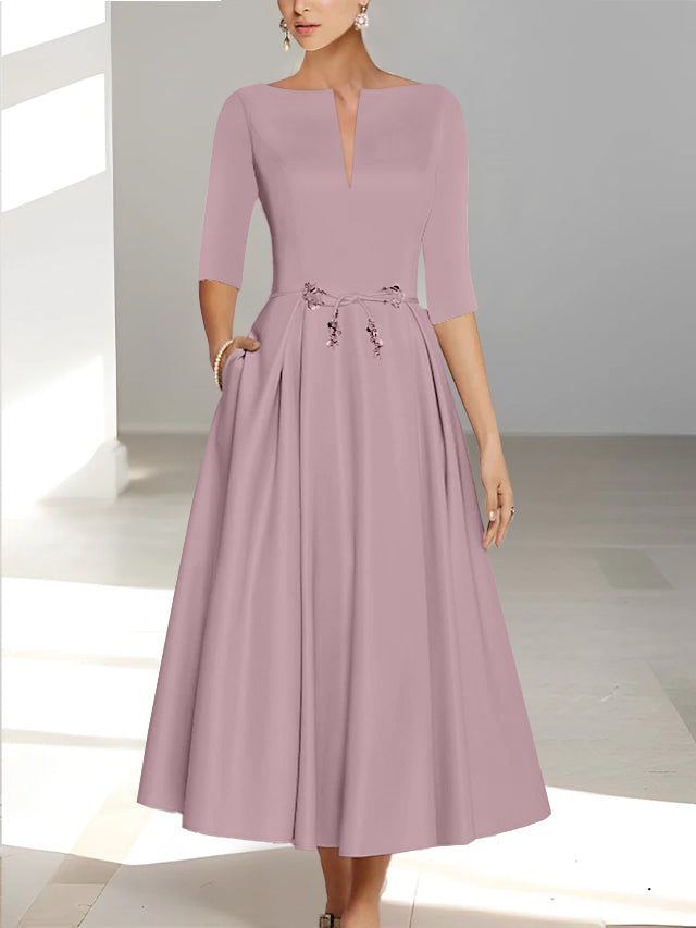 Ankle Length Mother of the Bride A Line Dress with Half Sleeves and Pockets