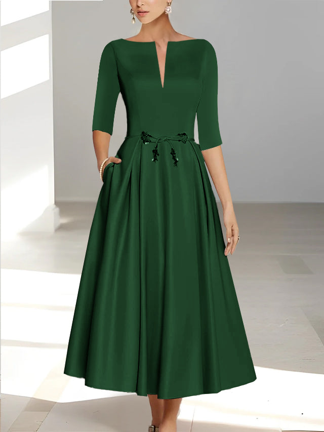 Ankle Length Mother of the Bride A Line Dress with Half Sleeves and Pockets