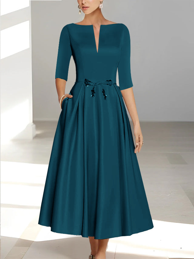 Ankle Length Mother of the Bride A Line Dress with Half Sleeves and Pockets
