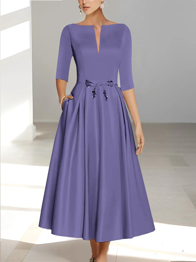 Ankle Length Mother of the Bride A Line Dress with Half Sleeves and Pockets