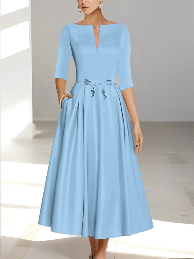 Ankle Length Mother of the Bride A Line Dress with Half Sleeves and Pockets