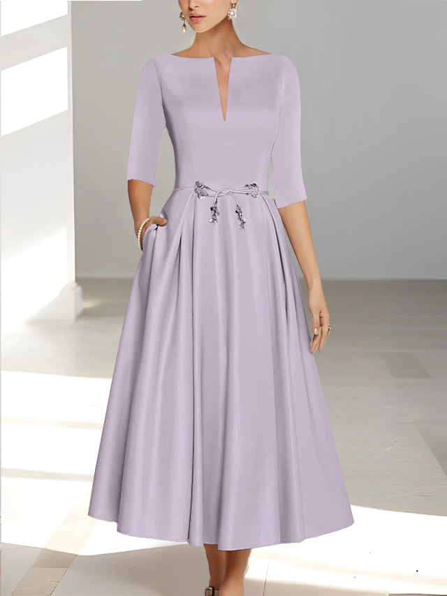 Ankle Length Mother of the Bride A Line Dress with Half Sleeves and Pockets