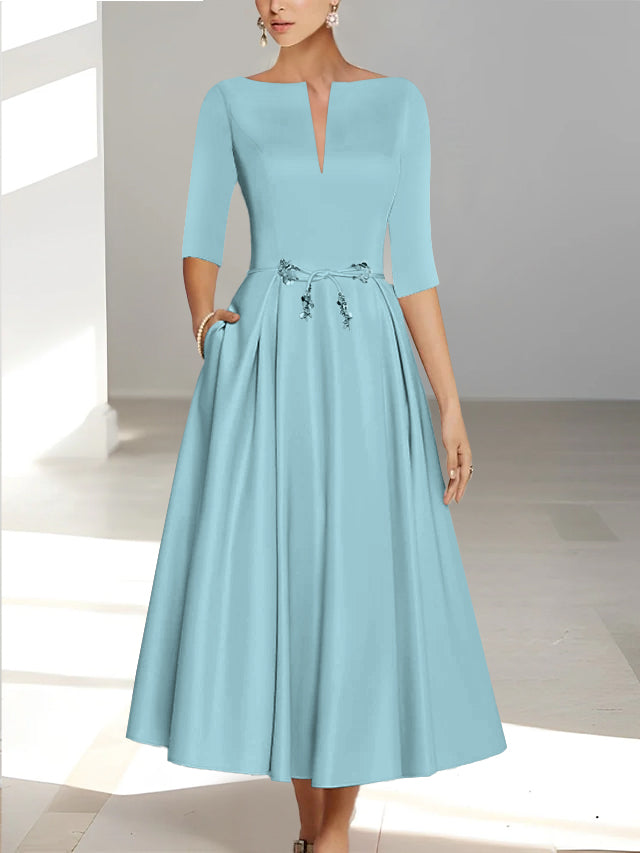 Ankle Length Mother of the Bride A Line Dress with Half Sleeves and Pockets