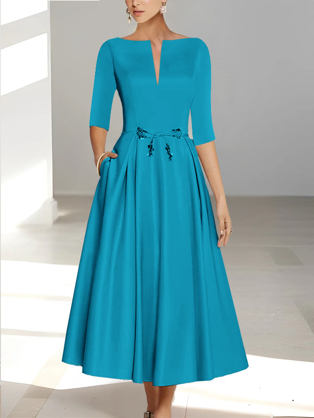 Ankle Length Mother of the Bride A Line Dress with Half Sleeves and Pockets