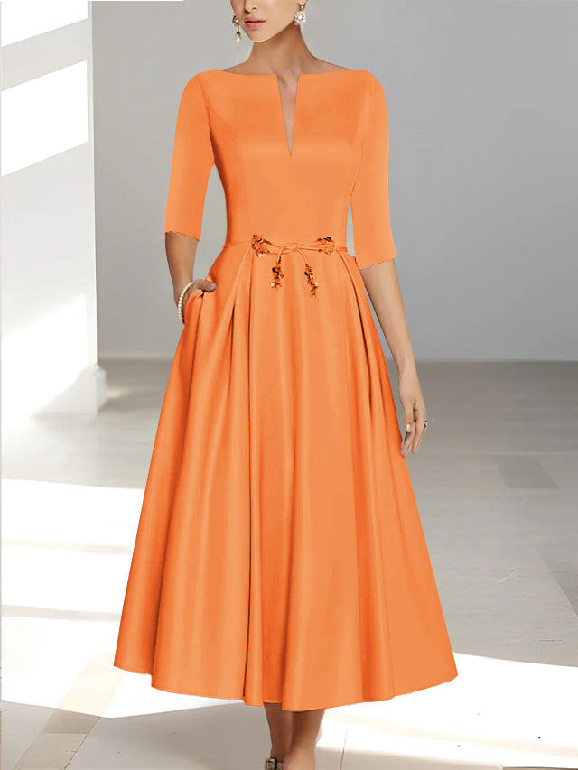Ankle Length Mother of the Bride A Line Dress with Half Sleeves and Pockets
