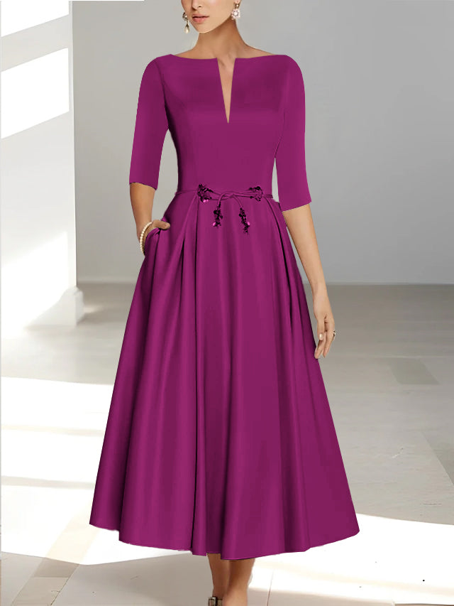 Ankle Length Mother of the Bride A Line Dress with Half Sleeves and Pockets