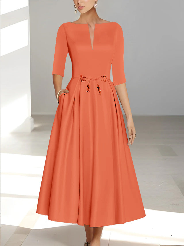 Ankle Length Mother of the Bride A Line Dress with Half Sleeves and Pockets