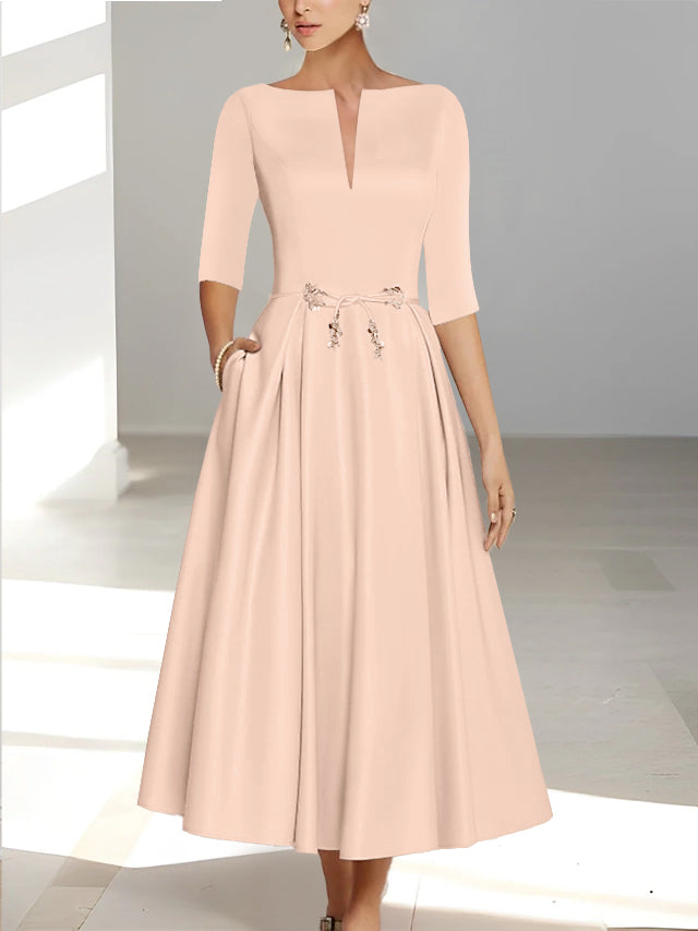 Ankle Length Mother of the Bride A Line Dress with Half Sleeves and Pockets