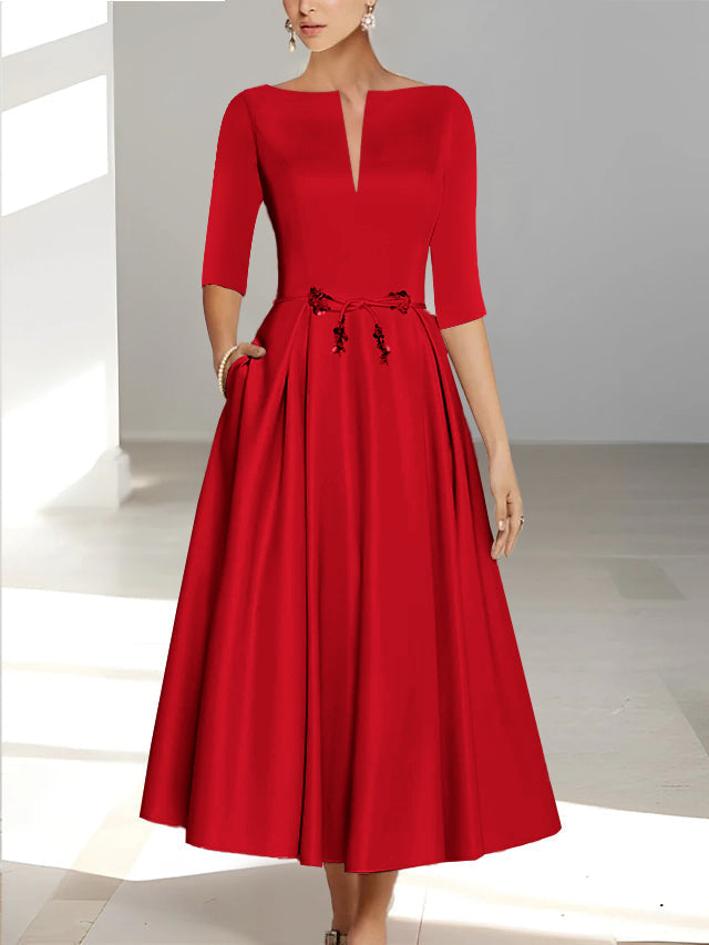 Ankle Length Mother of the Bride A Line Dress with Half Sleeves and Pockets