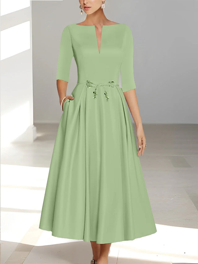 Ankle Length Mother of the Bride A Line Dress with Half Sleeves and Pockets