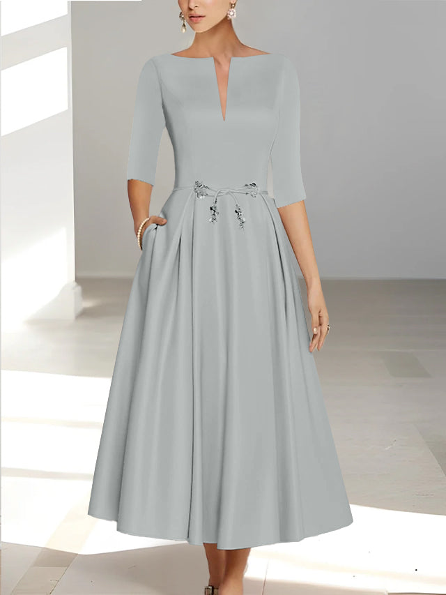Ankle Length Mother of the Bride A Line Dress with Half Sleeves and Pockets