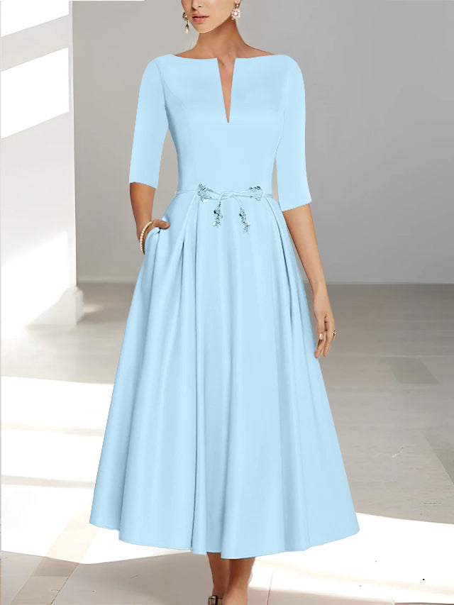 Ankle Length Mother of the Bride A Line Dress with Half Sleeves and Pockets