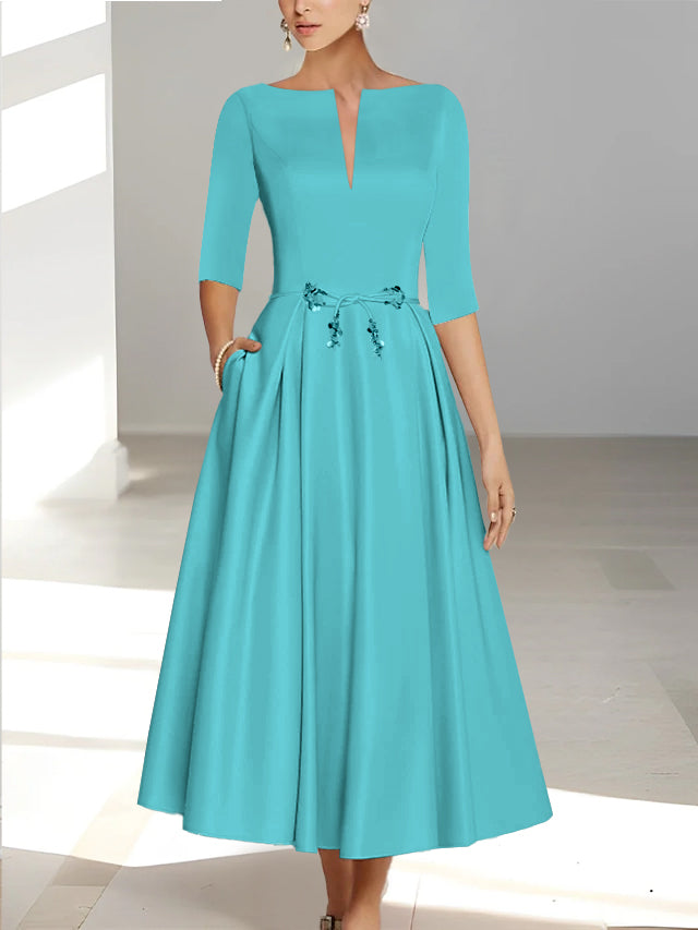 Ankle Length Mother of the Bride A Line Dress with Half Sleeves and Pockets