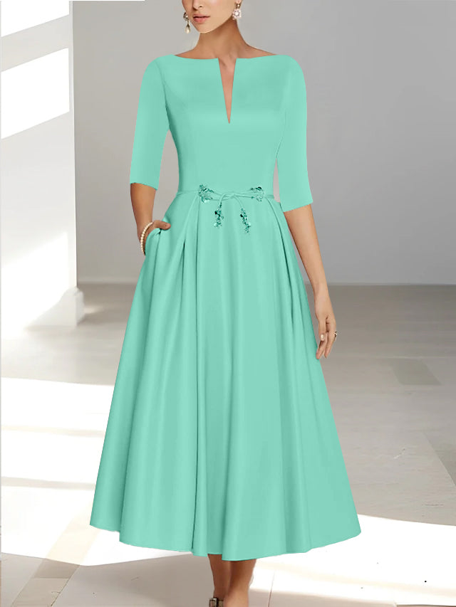 Ankle Length Mother of the Bride A Line Dress with Half Sleeves and Pockets