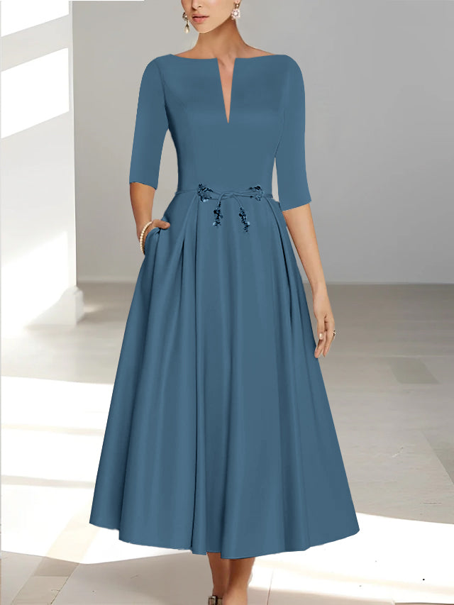 Ankle Length Mother of the Bride A Line Dress with Half Sleeves and Pockets