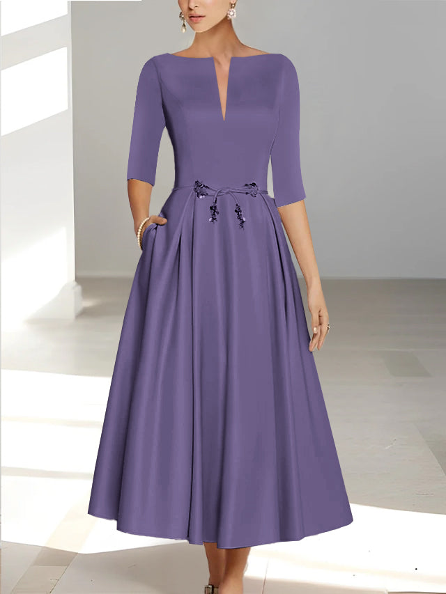 Ankle Length Mother of the Bride A Line Dress with Half Sleeves and Pockets