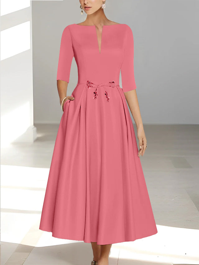 Ankle Length Mother of the Bride A Line Dress with Half Sleeves and Pockets