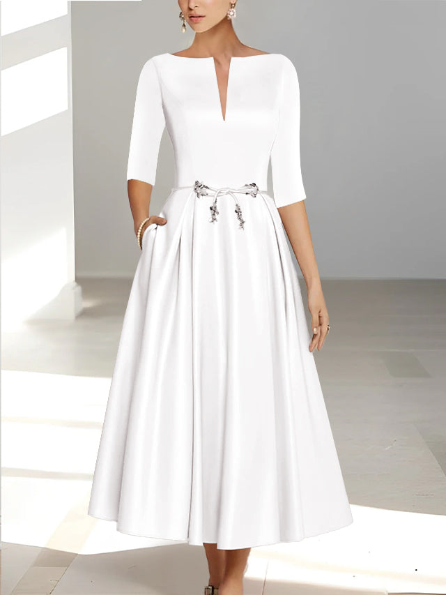 Ankle Length Mother of the Bride A Line Dress with Half Sleeves and Pockets