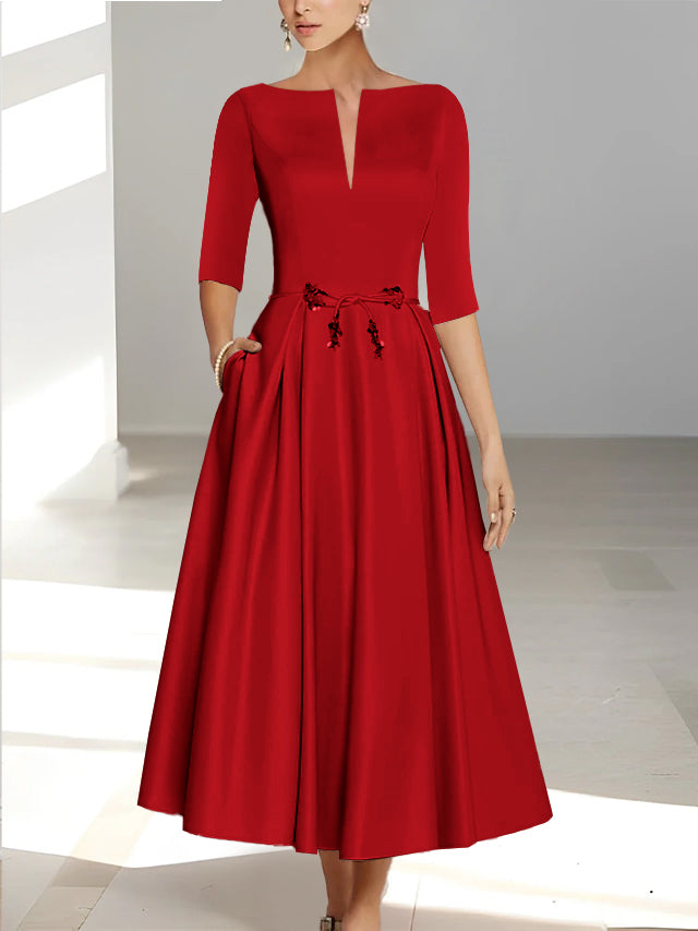 Ankle Length Mother of the Bride A Line Dress with Half Sleeves and Pockets