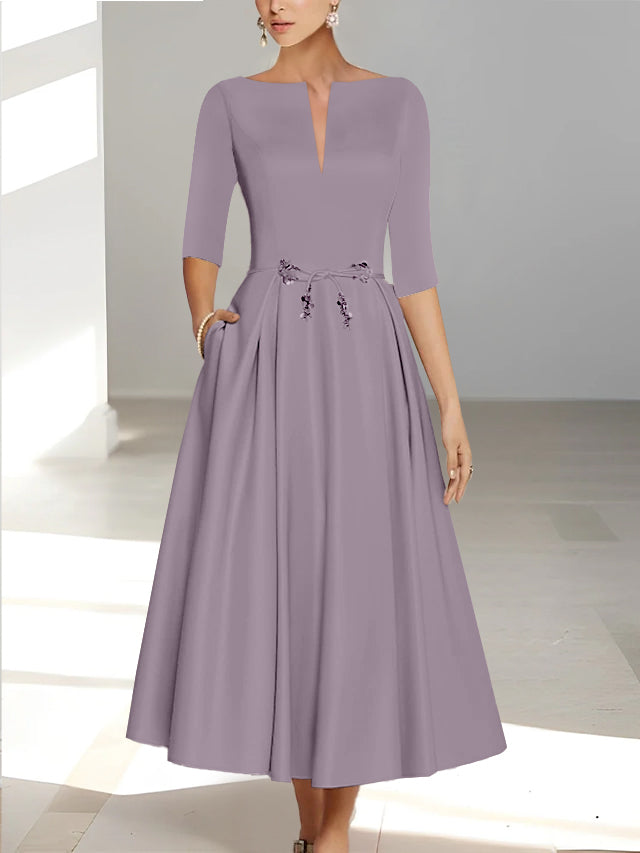 Ankle Length Mother of the Bride A Line Dress with Half Sleeves and Pockets