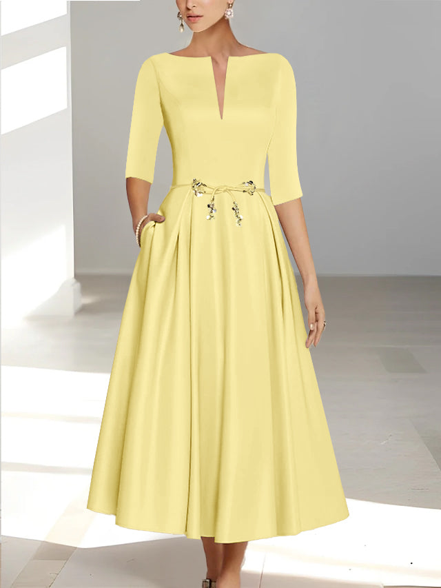Ankle Length Mother of the Bride A Line Dress with Half Sleeves and Pockets