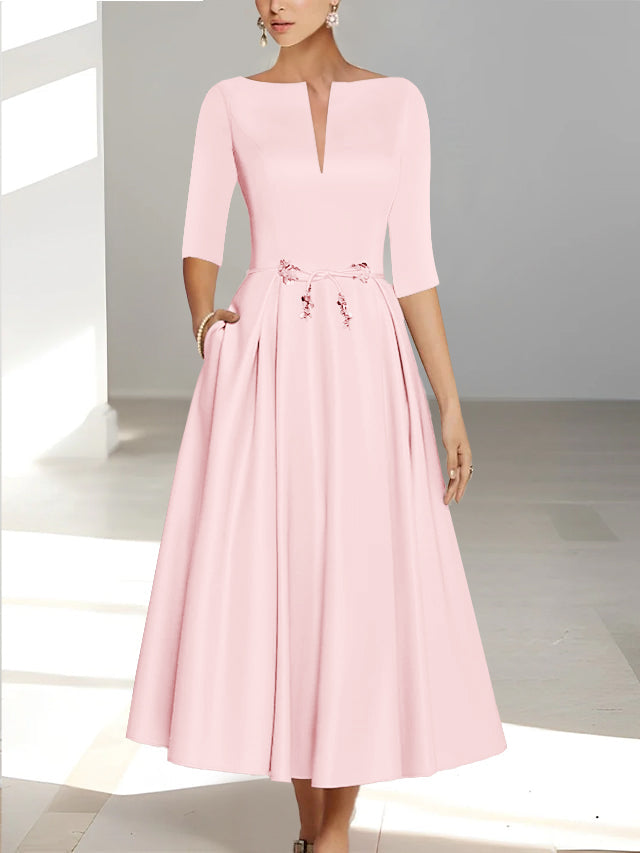 Ankle Length Mother of the Bride A Line Dress with Half Sleeves and Pockets