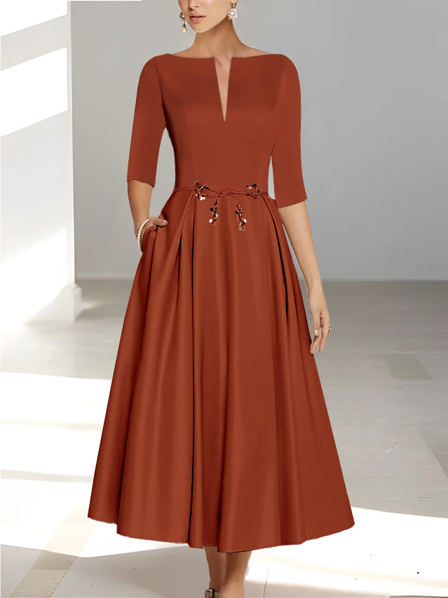 Ankle Length Mother of the Bride A Line Dress with Half Sleeves and Pockets