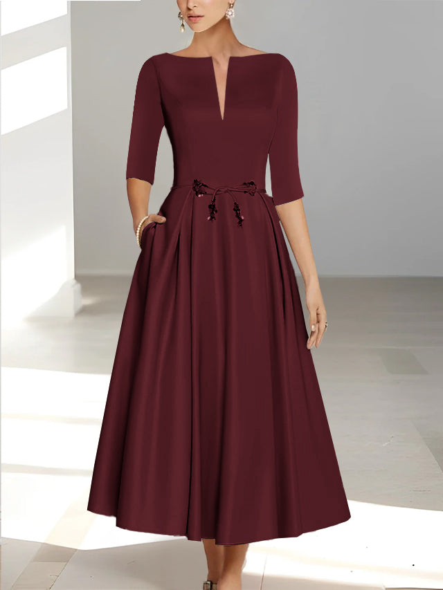 Ankle Length Mother of the Bride A Line Dress with Half Sleeves and Pockets