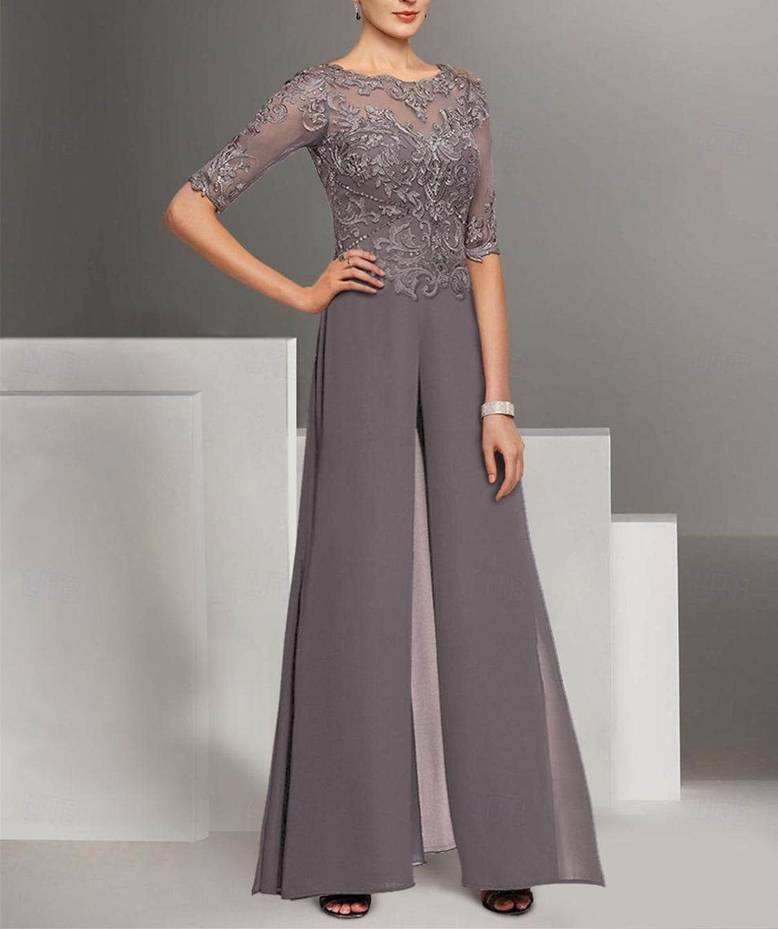 Ankle Length Mother of the Bride Chiffon Pantsuit with Lace and Jewel Neckline