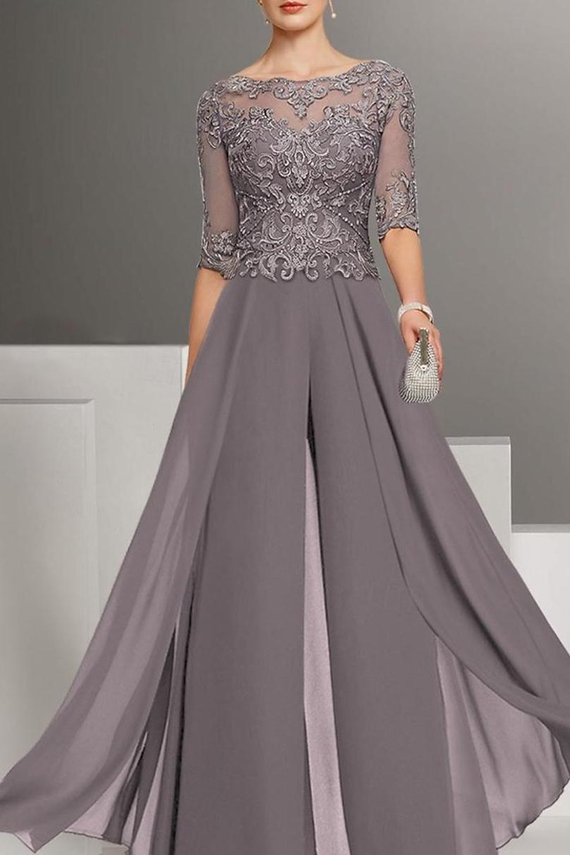 Ankle Length Mother of the Bride Chiffon Pantsuit with Lace and Jewel Neckline