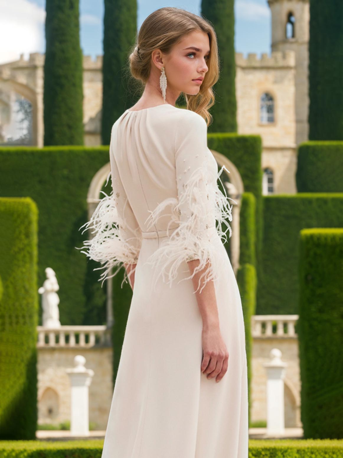 Ankle Length Mother of the Bride Feather Adorned Pantsuits with Jewel Neck and Half Sleeves