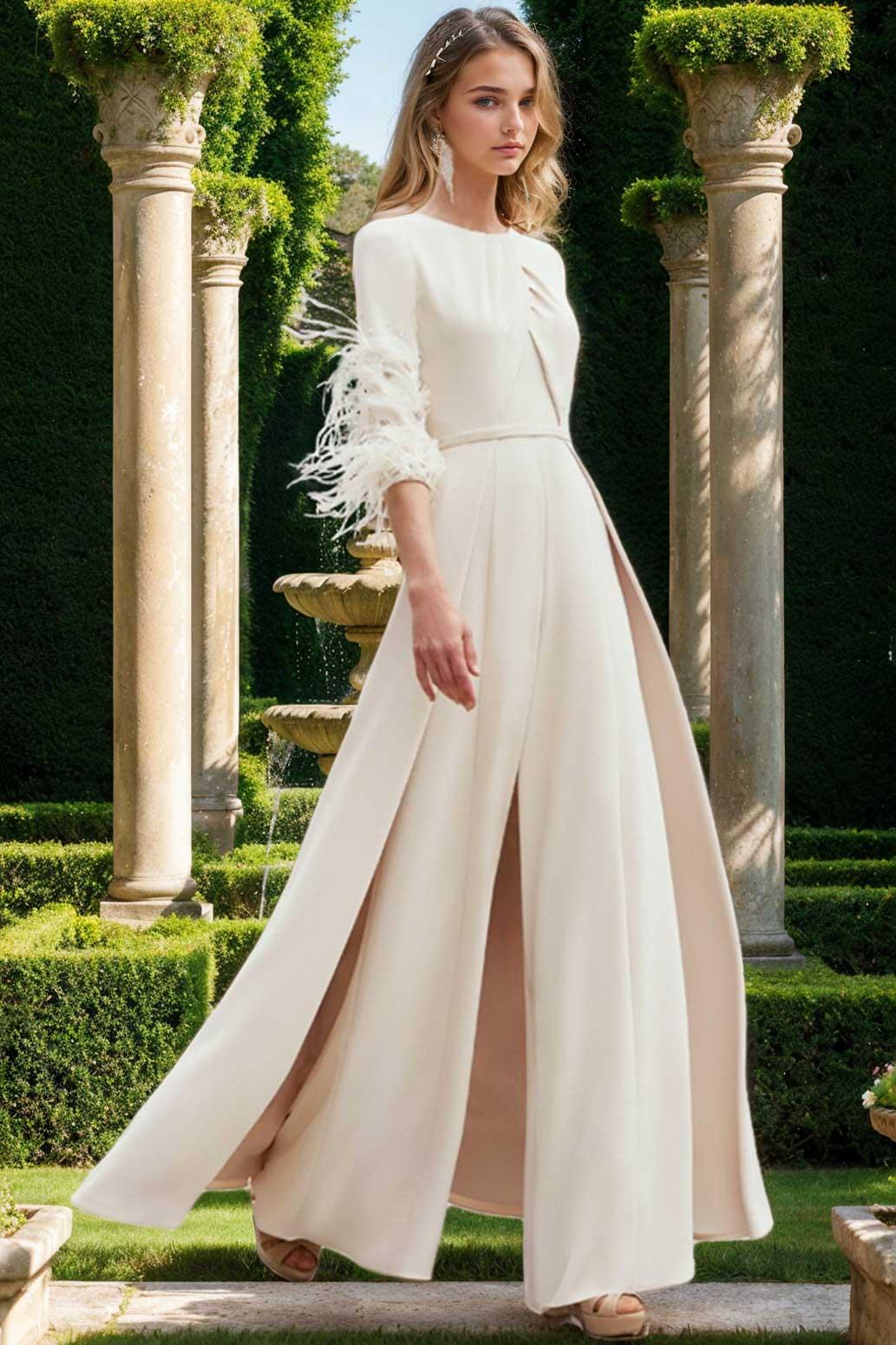Ankle Length Mother of the Bride Feather Adorned Pantsuits with Jewel Neck and Half Sleeves