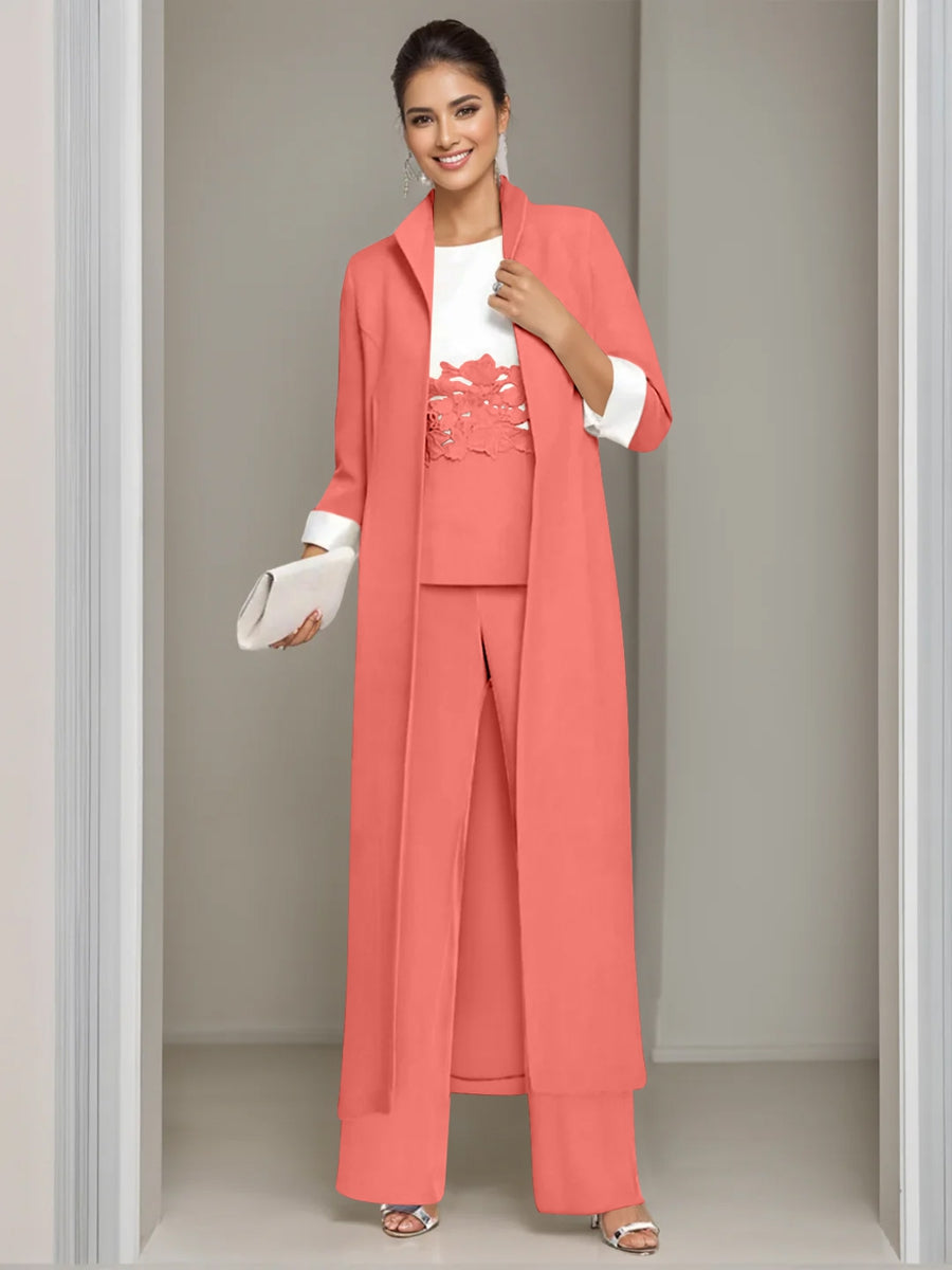 Ankle Length Mother of the Bride Pantsuits in 3 Pieces Featuring Square Neck Jacket & Lace Appliques