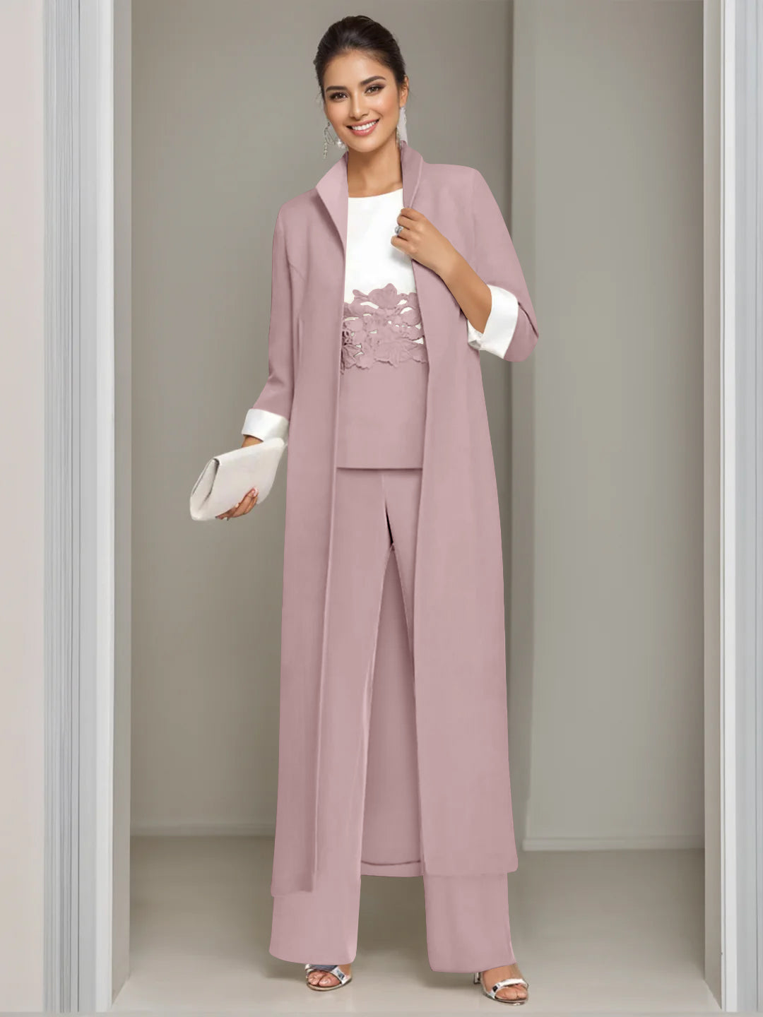 Ankle Length Mother of the Bride Pantsuits in 3 Pieces Featuring Square Neck Jacket & Lace Appliques