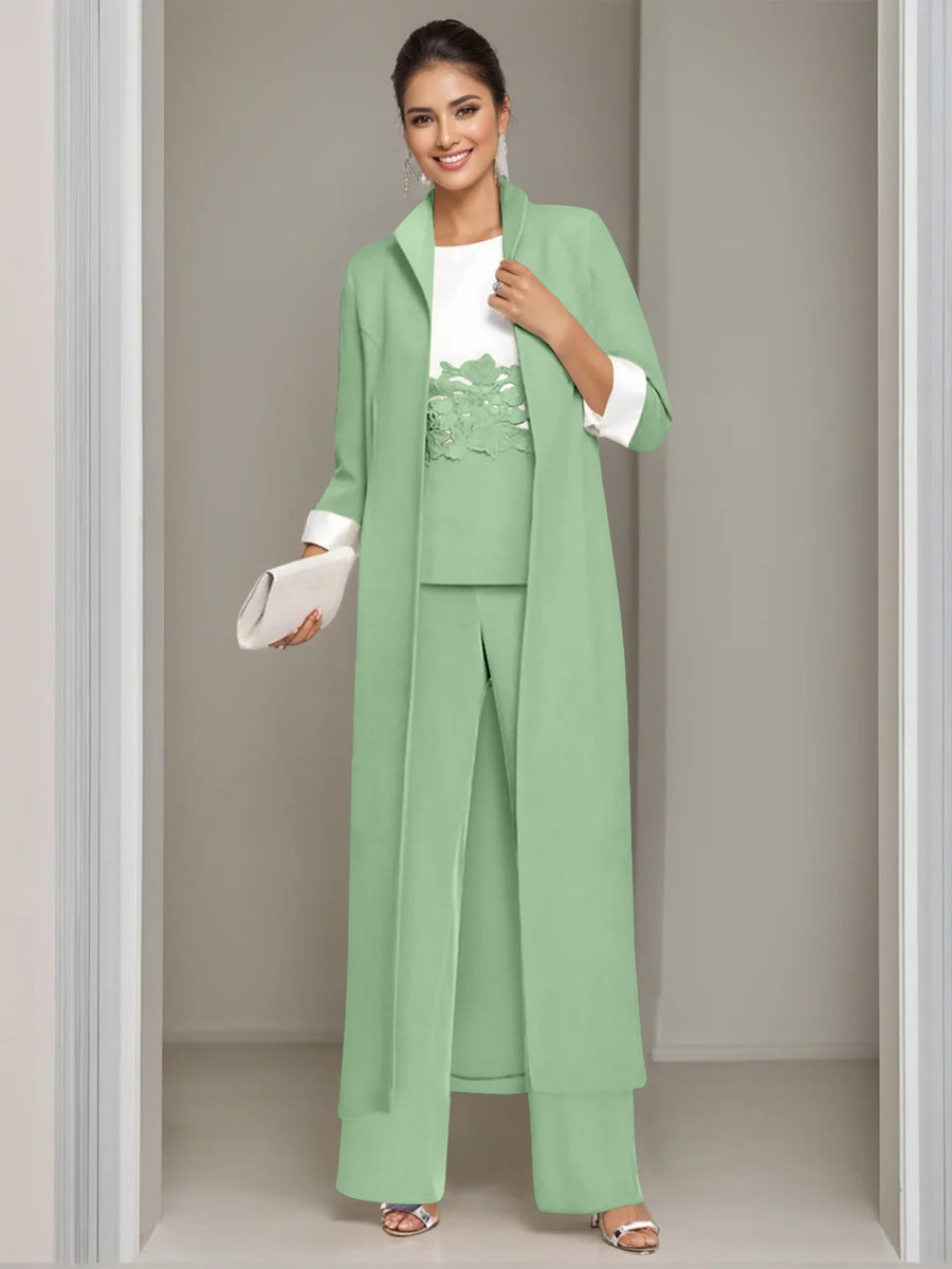 Ankle Length Mother of the Bride Pantsuits in 3 Pieces Featuring Square Neck Jacket & Lace Appliques