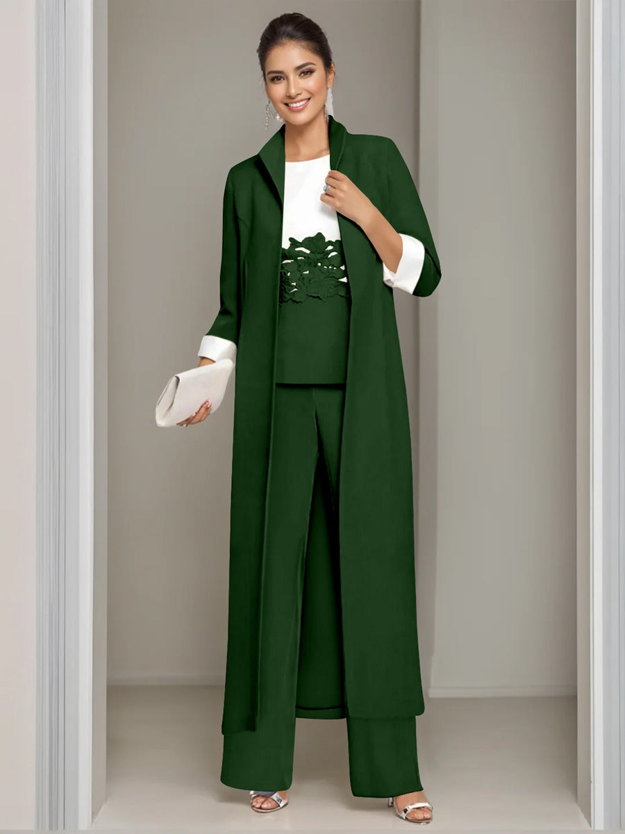Ankle Length Mother of the Bride Pantsuits in 3 Pieces Featuring Square Neck Jacket & Lace Appliques