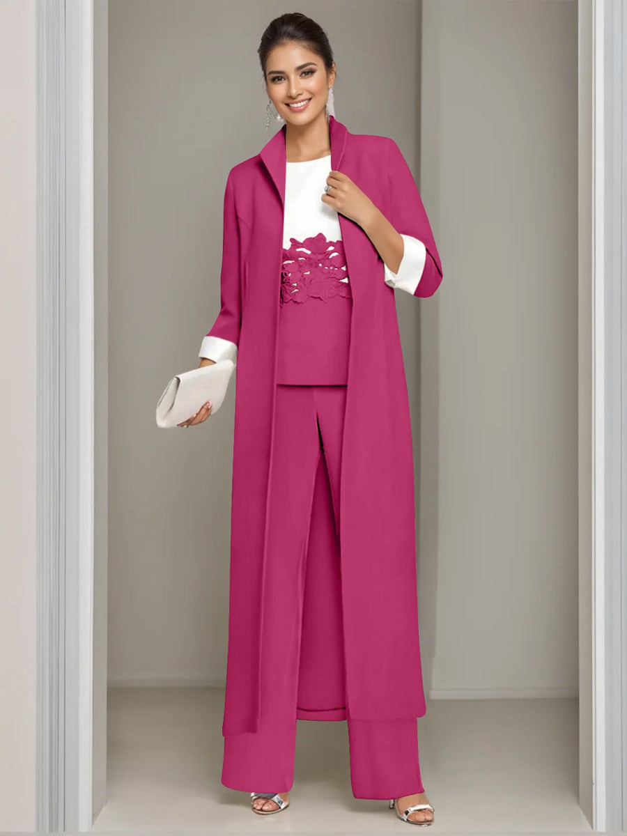 Ankle Length Mother of the Bride Pantsuits in 3 Pieces Featuring Square Neck Jacket & Lace Appliques