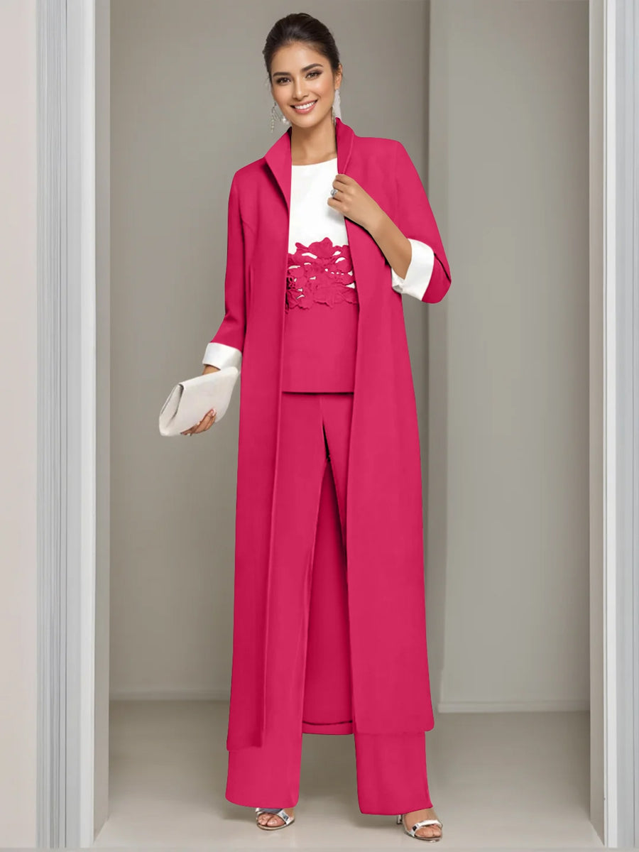 Ankle Length Mother of the Bride Pantsuits in 3 Pieces Featuring Square Neck Jacket & Lace Appliques