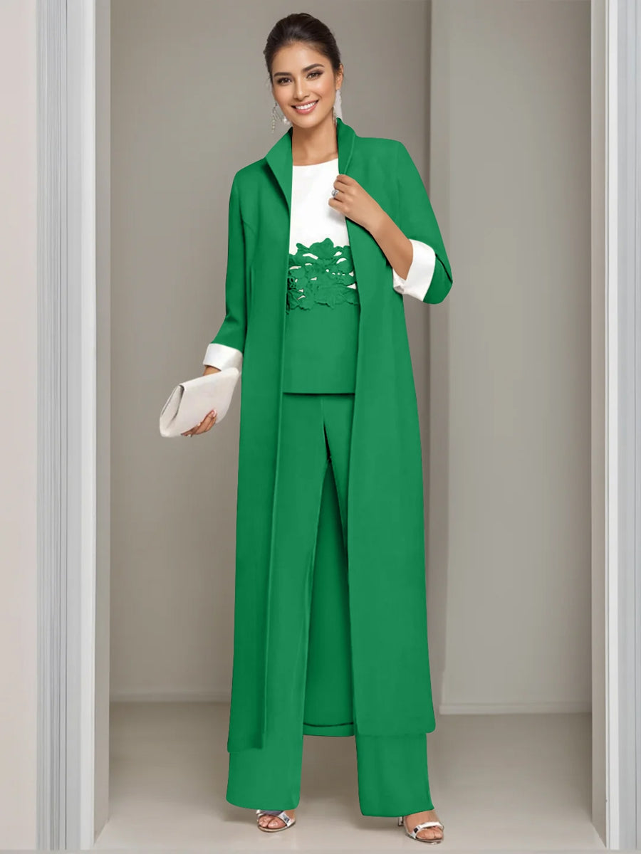 Ankle Length Mother of the Bride Pantsuits in 3 Pieces Featuring Square Neck Jacket & Lace Appliques