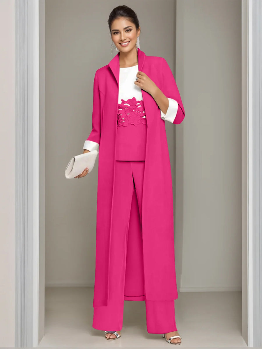 Ankle Length Mother of the Bride Pantsuits in 3 Pieces Featuring Square Neck Jacket & Lace Appliques