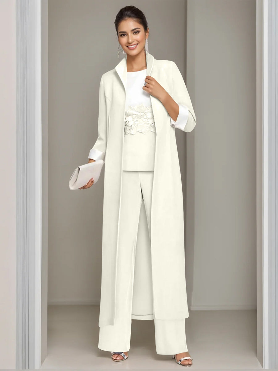 Ankle Length Mother of the Bride Pantsuits in 3 Pieces Featuring Square Neck Jacket & Lace Appliques