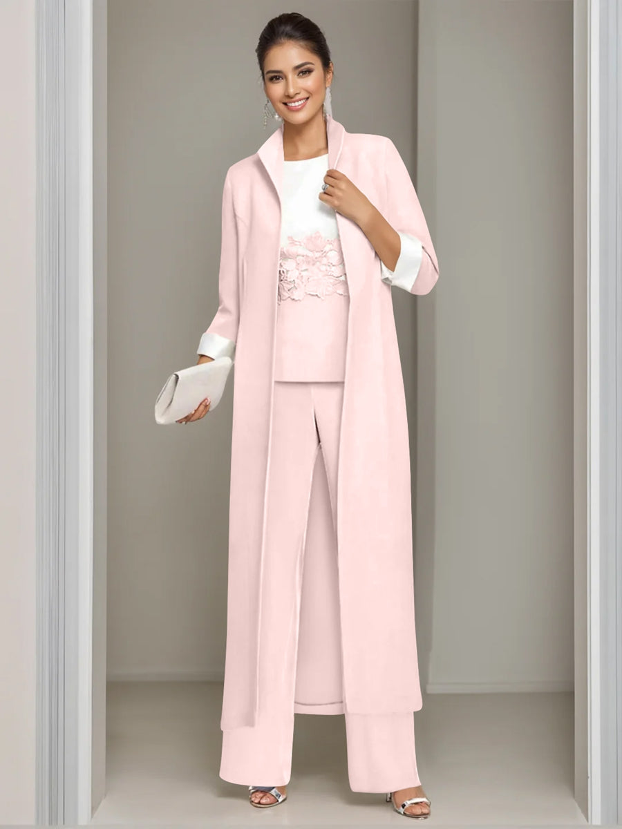 Ankle Length Mother of the Bride Pantsuits in 3 Pieces Featuring Square Neck Jacket & Lace Appliques