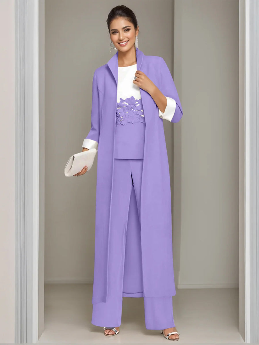 Ankle Length Mother of the Bride Pantsuits in 3 Pieces Featuring Square Neck Jacket & Lace Appliques