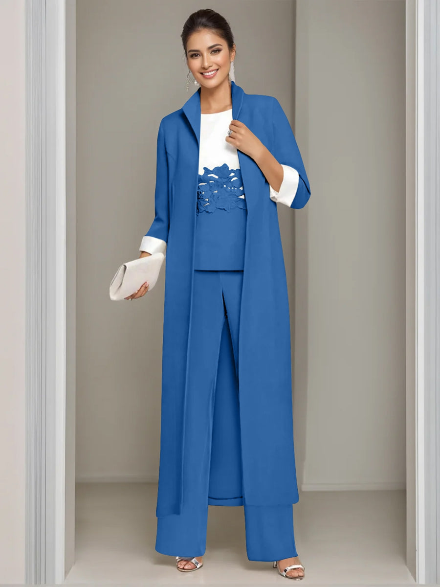 Ankle Length Mother of the Bride Pantsuits in 3 Pieces Featuring Square Neck Jacket & Lace Appliques